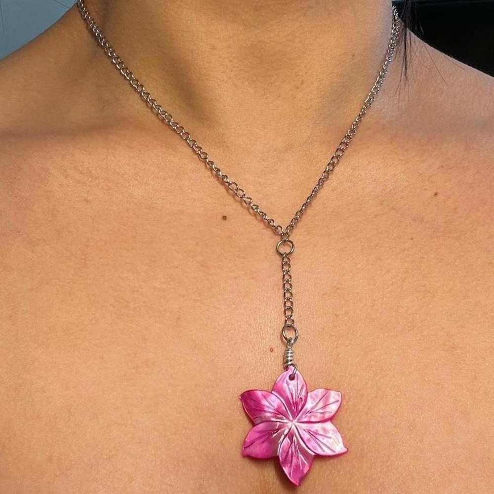 Stainless steel Floral Flower Mother of Pearl Lariat Boho Necklace